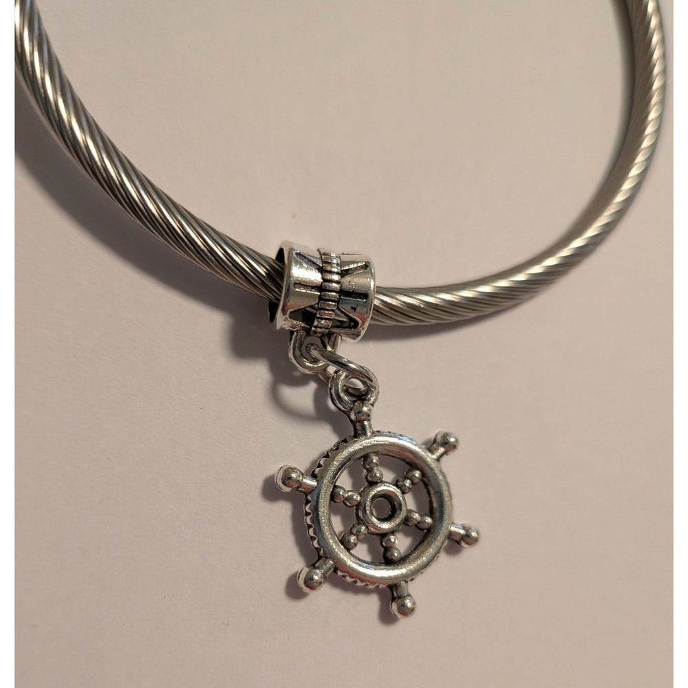 Silver Tone Nautical Ships Wheel Dangle Charm for Bracelet